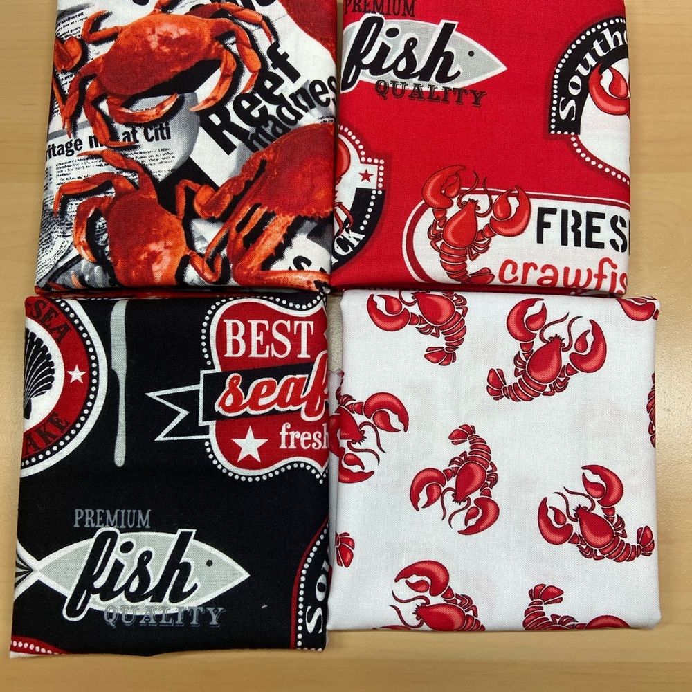 Seafood Themed Cotton Fabric Bundle - Red, Black, White